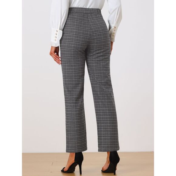 Plaid Pants Elastic Waist Casual Work Office Long Trousers Dark Grey Black - Picture 4 of 5
